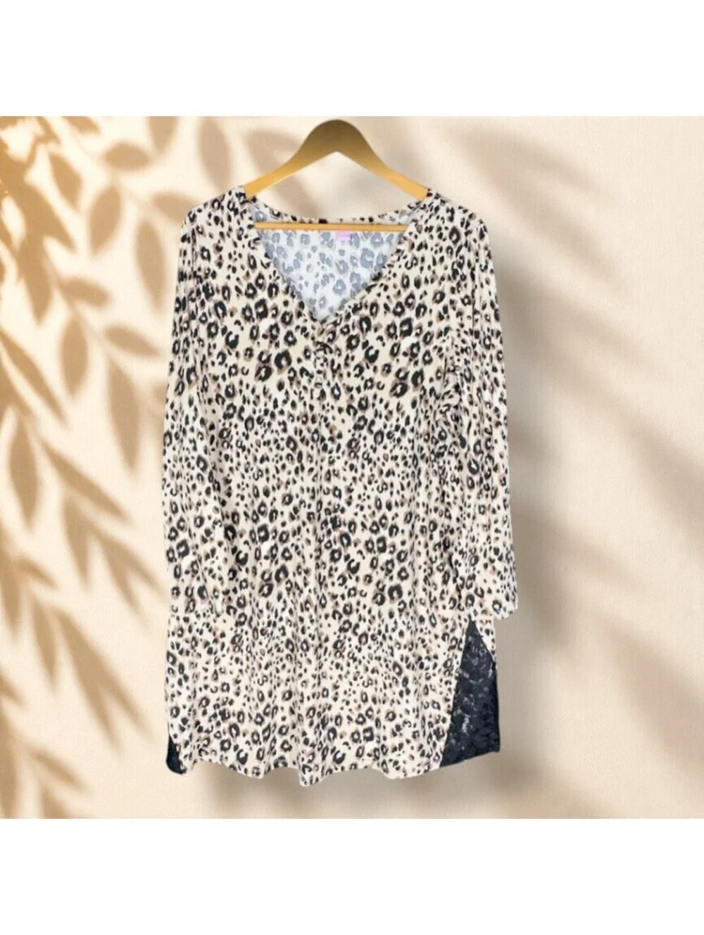Amoureuse Night Gown Women L Large Beige Animal V-Neck Long Sleeve Sleepwear